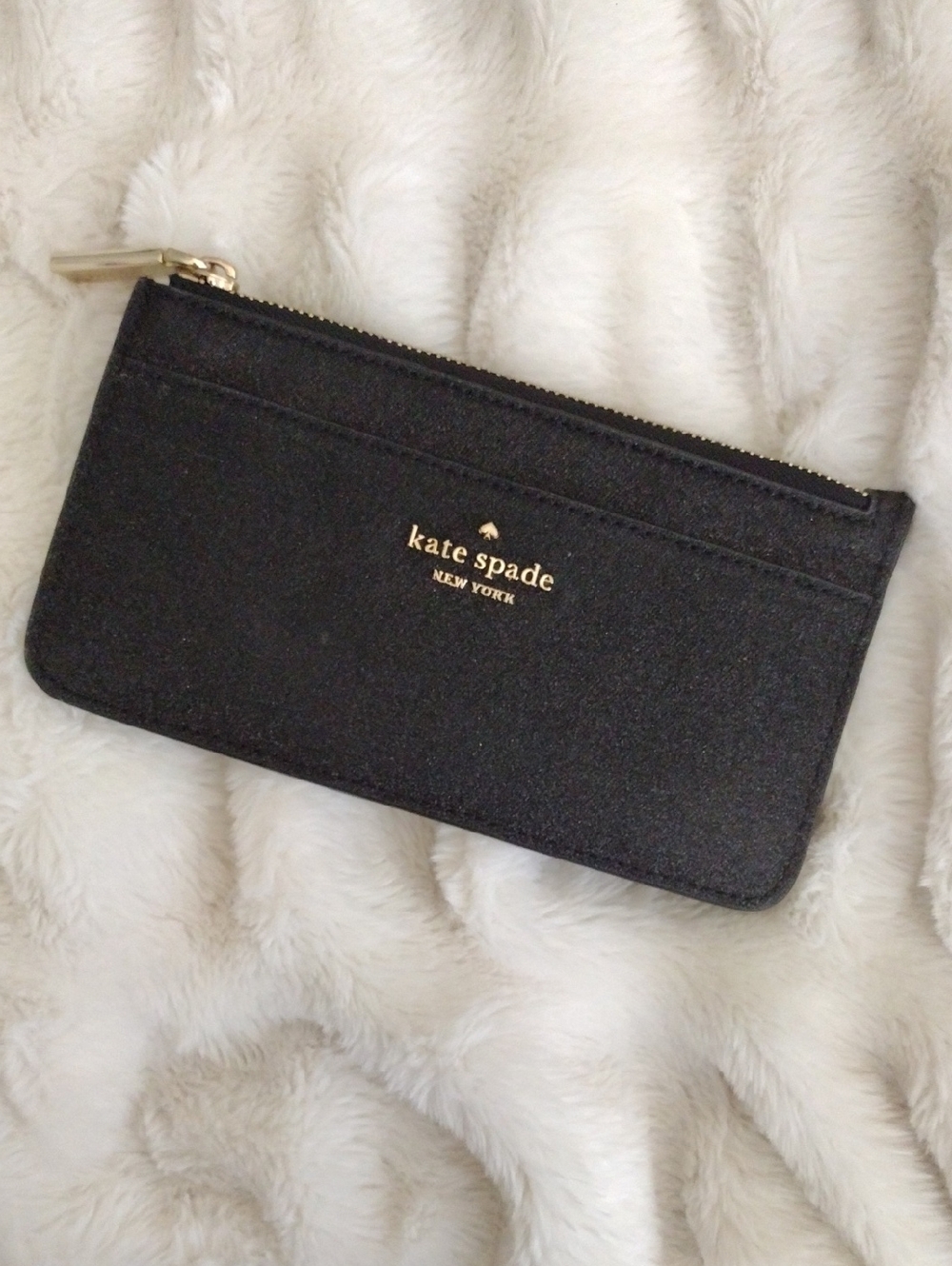 Kate Spade Large Black Glitter Zip Card Holder Wallet with Gold Logo